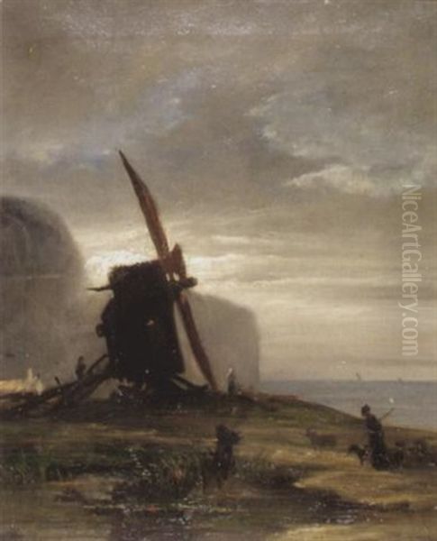 Windmuhle An Der Kuste Bei Dammerung Oil Painting by Georges Michel