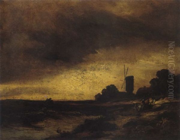 Abendliche Montmartrelandschaft Mit Heimkehrendem Bauerngefahrt Und Windmuhle Oil Painting by Georges Michel