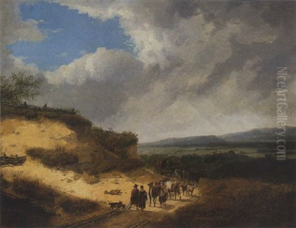 Fuhrwerk, Wanderer Und Vieh Auf Der Landstrase Oil Painting by Georges Michel