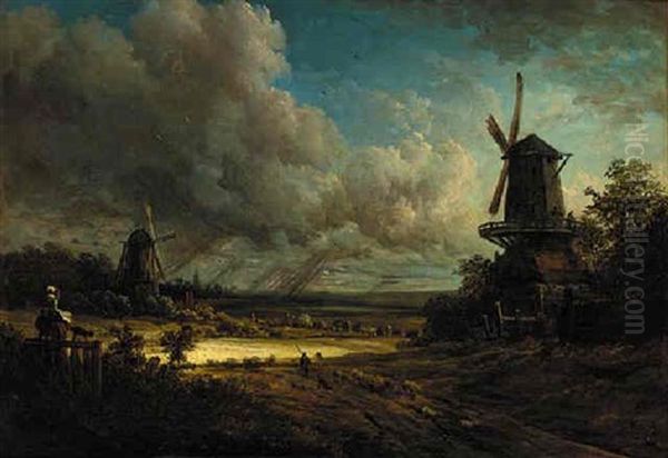 Windmills In A Stormy Landscape Oil Painting by Georges Michel