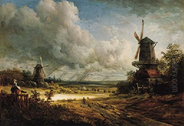 Windmills In A Stormy Landscape Oil Painting by Georges Michel