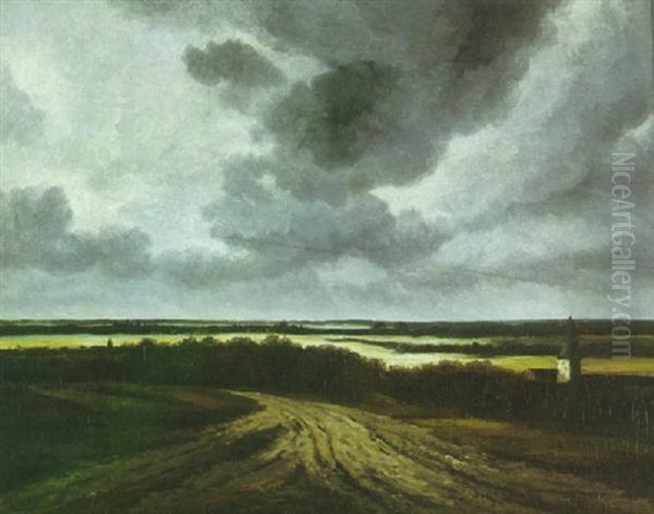 A View Of The Countryside With A Church Steeple In The Foreground Oil Painting by Georges Michel