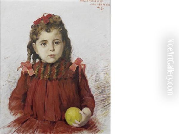 Portrait Of Maria Tello Mendoza Half Length, Seated, Holding An Apple Oil Painting by Arturo Michelena