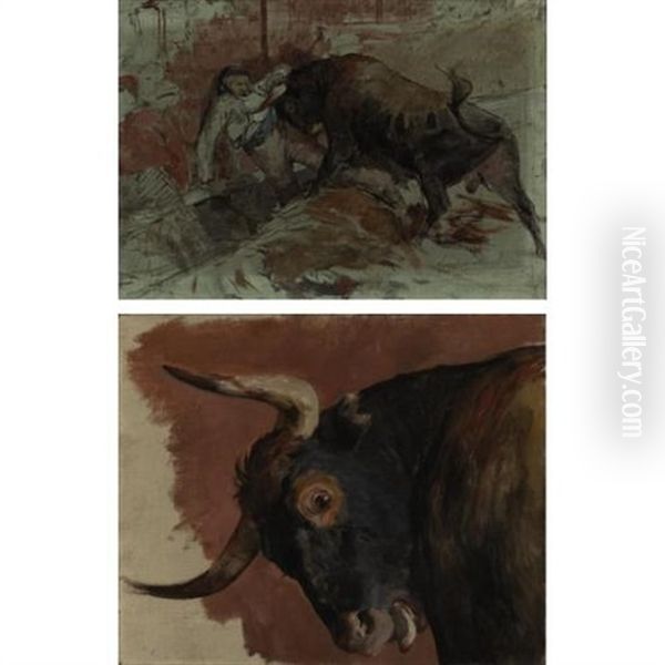 Study For La Vara Rota (+ Study For The Bull's Head In La Vara Rota, Oil On Canvas, Lrgr; Pair) Oil Painting by Arturo Michelena