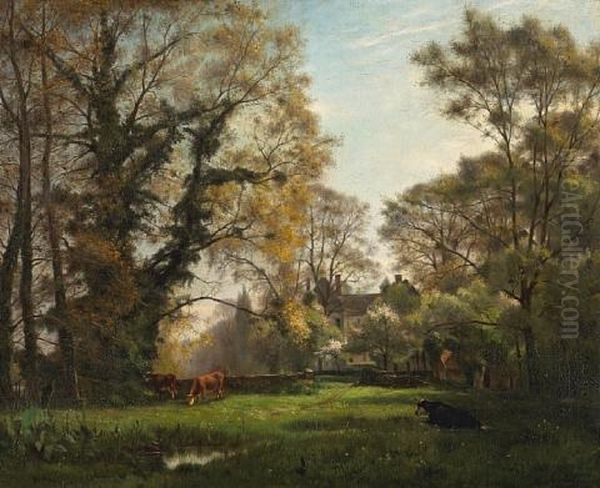 A View Of A Chateau With Cattle Grazing In The Foreground Oil Painting by Leon Auguste Michelez