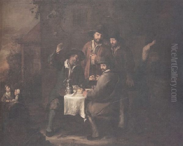 A Group Of Figures Gathered Around A Table Outside A Tavern With The Seated Figures Sealing A Wager Oil Painting by Jean Michelin