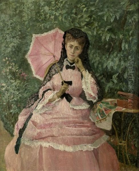 Junge Dame In Rosa, Im Garten Sitzend Oil Painting by Henri Michel-Levy