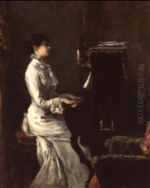 Femme A Son Piano (portrait Presume De Mme. Manet) Oil Painting by Henri Michel-Levy