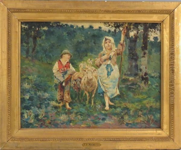 Children Herding Sheep Oil Painting by Francesco Paolo Michetti