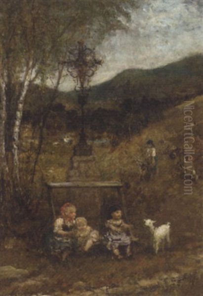 Young Children With A Lamb In A Garden Oil Painting by Francesco Paolo Michetti