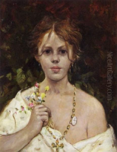 A Young Girl Holding Wild Flowers Oil Painting by Francesco Paolo Michetti