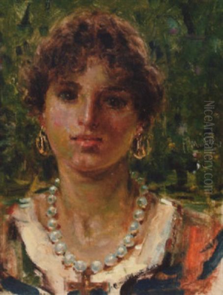 A Young Italian Beauty Oil Painting by Francesco Paolo Michetti