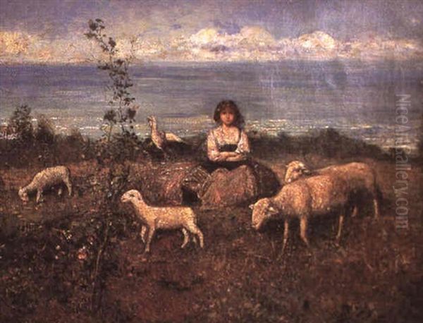 Shepherdess And Flock On The Coast Oil Painting by Francesco Paolo Michetti