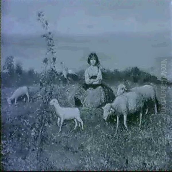 Shepherdess And Sheep At The Coast Oil Painting by Francesco Paolo Michetti