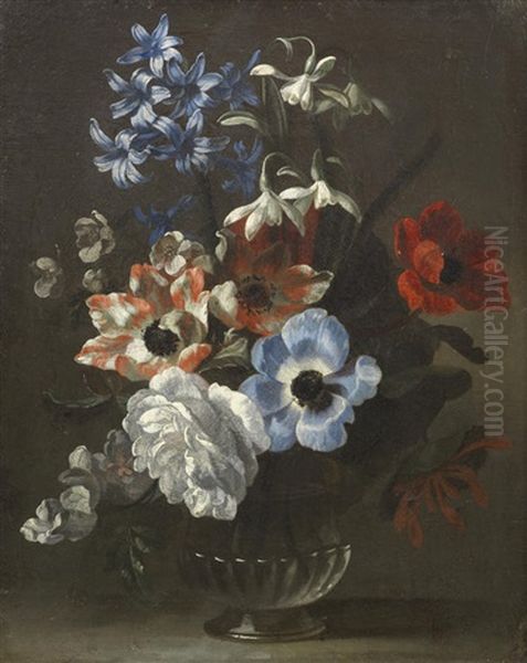 Hyacinths, Roses, Honeysuckle And Other Flowers In A Vase On A Stone Ledge Oil Painting by Michel Nicolas Micheux