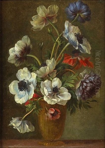 Nature Morte Au Vase D'anemones Sur Un Entablement Oil Painting by Michel Nicolas Micheux