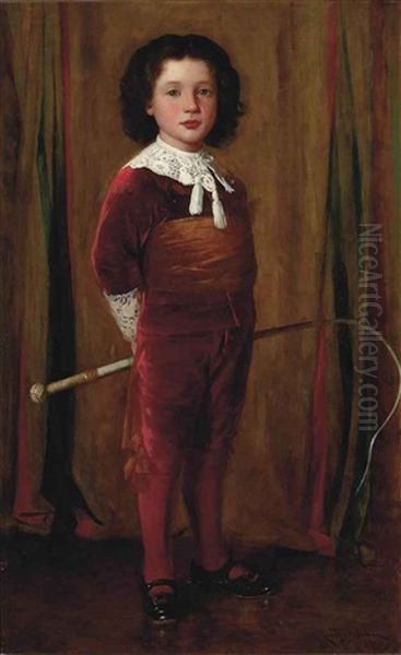 Portrait Of Charles Stewart Mann, Full-length, In Red Velvet Van Dyck Dress, Holding A Whip Oil Painting by James Coutts Michie