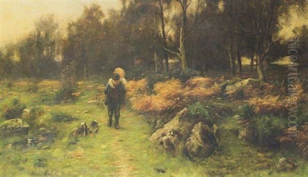 Boy Carrying A Little Girl Through A Wooded Landscape Oil Painting by James Coutts Michie