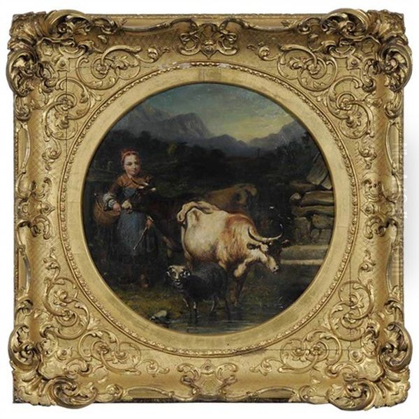 Pastoral Scene With Two Cows Oil Painting by John M. Michie