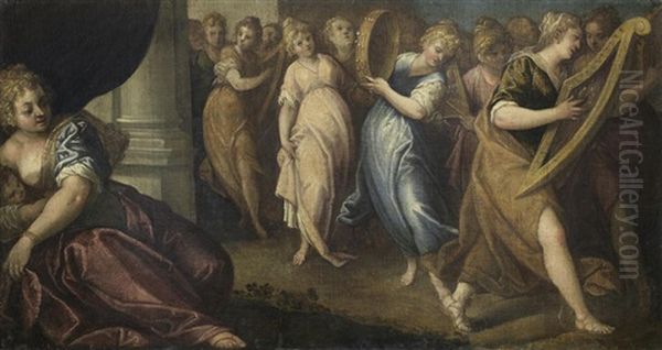 A Procession Of Women Playing Instruments Oil Painting by Andrea (Andrea Vicentino) Michieli