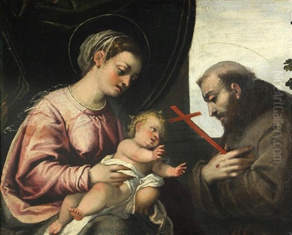 Virgin And Child With Saint Francis Oil Painting by Andrea (Andrea Vicentino) Michieli