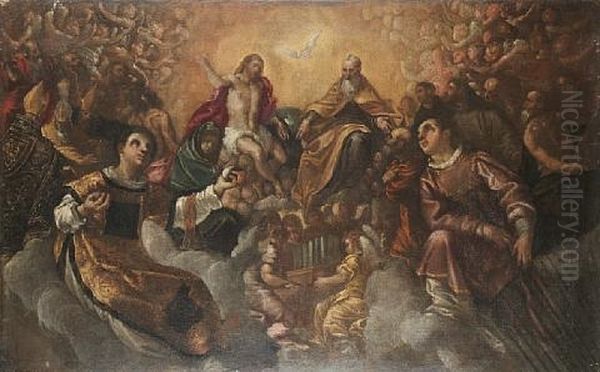 The Holy Trinity With Saints Stephen And Lawrence Oil Painting by Andrea (Andrea Vicentino) Michieli