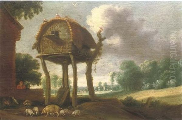 A Dovecote In A Wooded Landscape, With A Man Watching Over His Pigs And Chickens In The Foreground Oil Painting by Jan Christiansz Micker