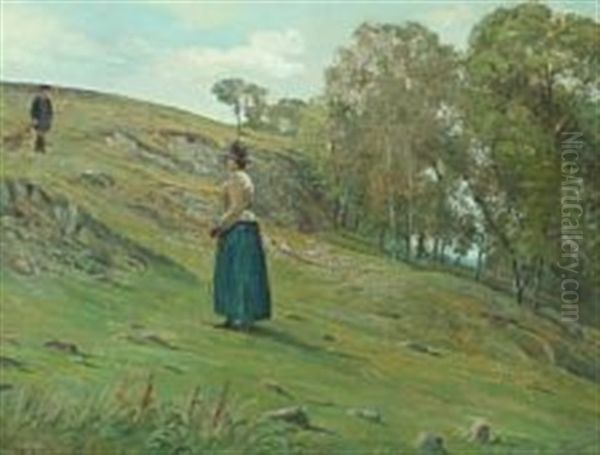 Hilly Landscape With Woman And Child Oil Painting by Bernhard Middelboe