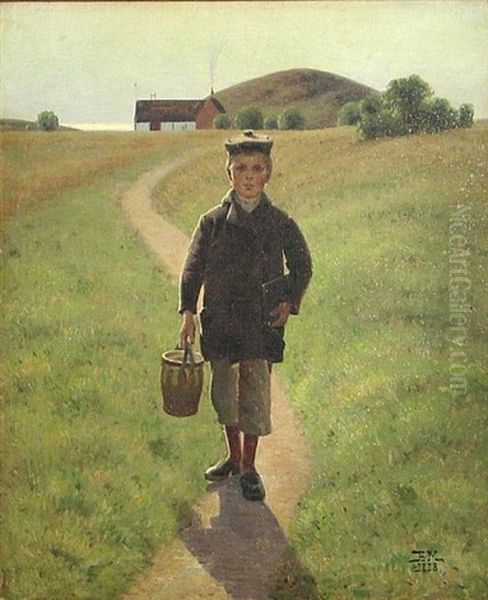 Off To School Oil Painting by Bernhard Middelboe