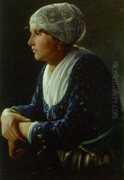 Portraet Af Siddende Kvinde Med Klaede Omkrig Haret Oil Painting by Bernhard Middelboe