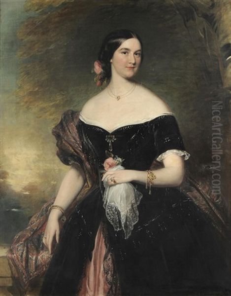 Portrait Of A Lady, Three-quarter Length, Wearing A Black Dress Trimmed With White Lace Oil Painting by James Godsell Middleton