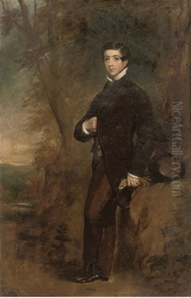 Portrait Of Thomas Edward Fairfax In A Black Coat, Holding Gloves In His Left Hand, In A Landscape Oil Painting by James Godsell Middleton