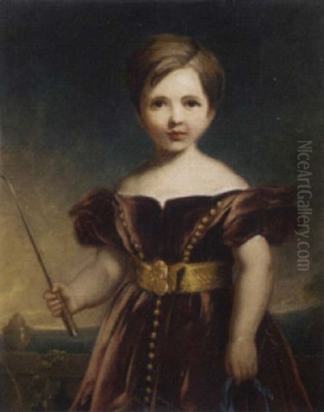 Portrait Of A Girl In A Burgundy Velvet Dress, Holding A Crop And Blue Ribbon, A Landscape Beyond Oil Painting by James Godsell Middleton