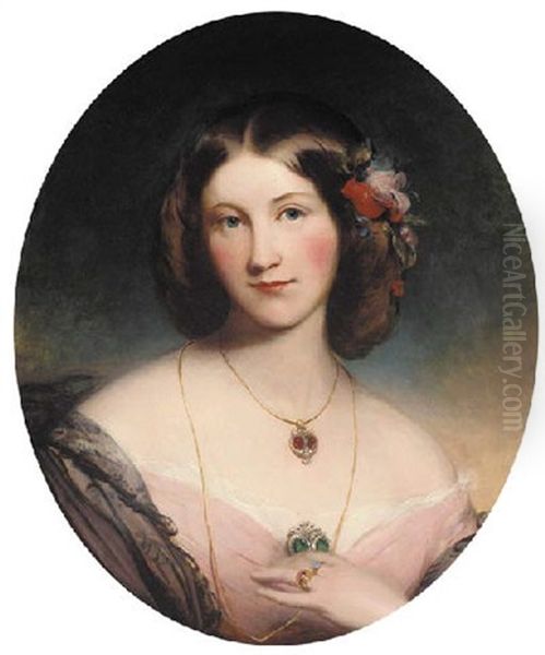 Portrait Of A Lady In A Pink Dress And Black Shawl And Garnet And Diamond Pendant Oil Painting by James Godsell Middleton