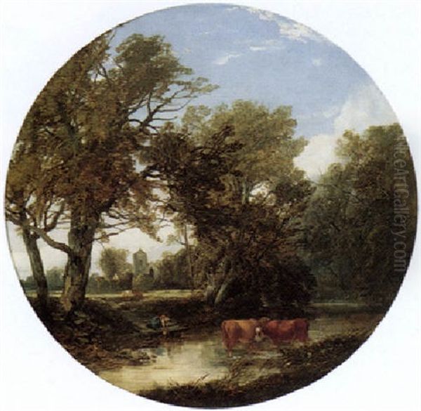 River Landscape With Cattle And A Girl Collecting Water Oil Painting by John Middleton