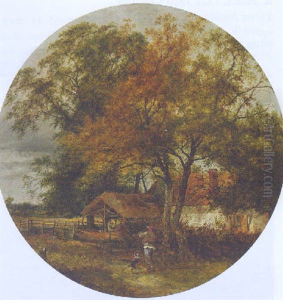 A Farmer With His Dog In A Wooded Landscape, A Sunlit Cottage Beyond Oil Painting by John Middleton