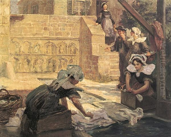 Die Wascherinnen Von Faouet (bretagne) Oil Painting by Arthur Midy