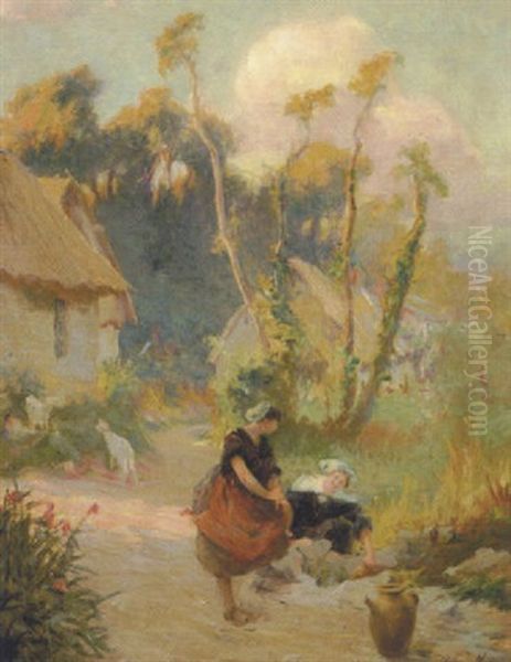 To Kvinder Henter Vand Dec Kilden Oil Painting by Arthur Midy