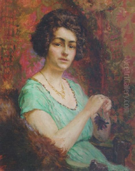 Portrait Of A Lady, Seated, In A Turquoise Dress Oil Painting by Arthur Midy