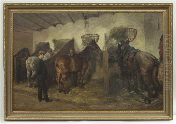 Untitled (stable Master With Horses) Oil Painting by Ernest Midy