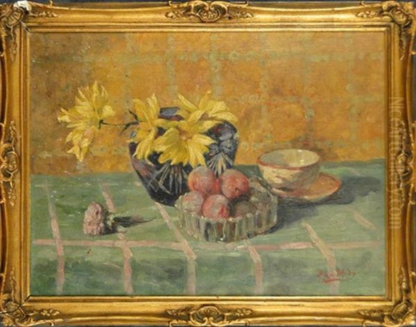 Nature Morte A La Tasse, Aux Fleurs Et Aux Fruits Oil Painting by Ernest Midy