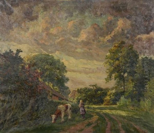 Paysage De Campagne Avec Vache Et Petite Fille Oil Painting by Ernest Midy