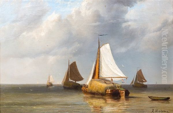 A Dutch Hay Barge On A Calm Sea Oil Painting by Rein Miedema