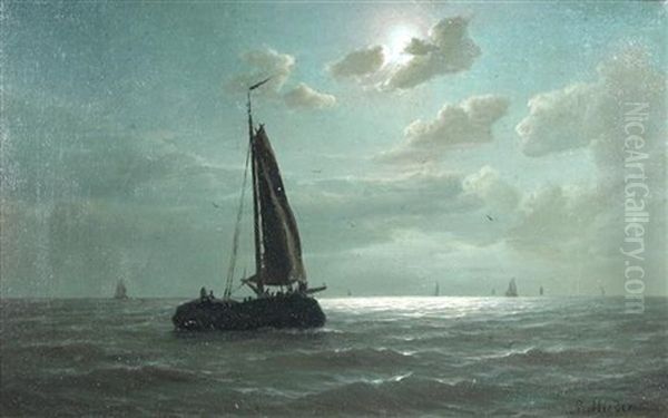 Sailing Ships At Night Oil Painting by Rein Miedema