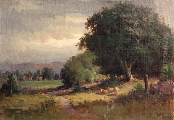 Cows In A Landscape Under Cloudy Skies Oil Painting by Arthur William Best