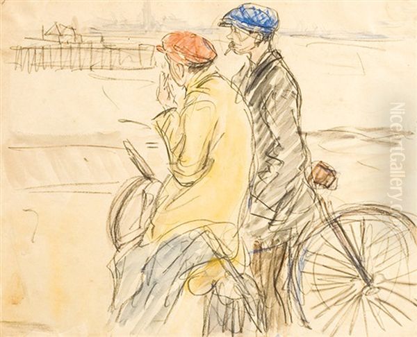 Deux Cyclistes Fumant La Cigarette A La Rive Oil Painting by Eugene van Mieghem