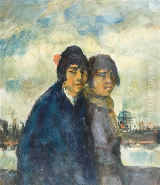 Deux Jeunes Filles Au Port Oil Painting by Eugene van Mieghem