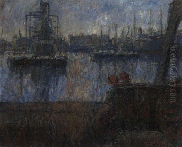 Coucher De Soleil Aux Docks, Environs De L'ecluse Royers Oil Painting by Eugene van Mieghem