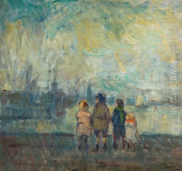 Enfants Au Bord De L'escaut Oil Painting by Eugene van Mieghem