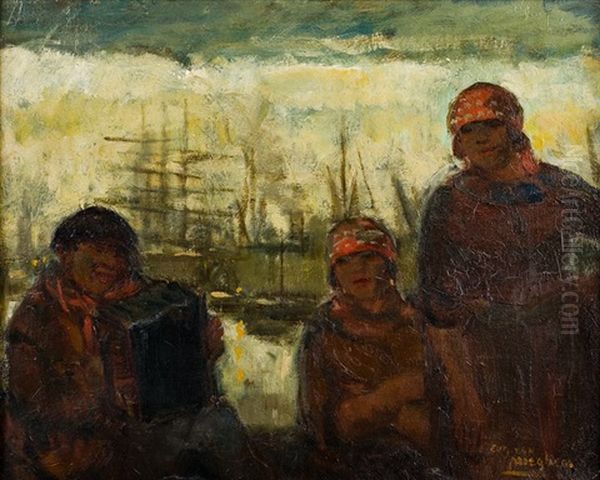 Accordeoniste Et Raccommodeuses De Sacs Au Port Oil Painting by Eugene van Mieghem